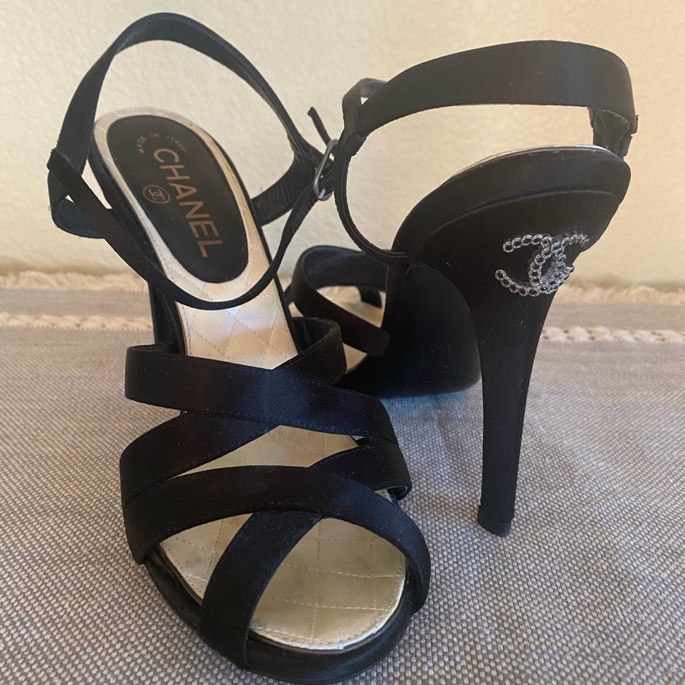 Chanel Black Sandal Strappy Heel with Crystal CC
